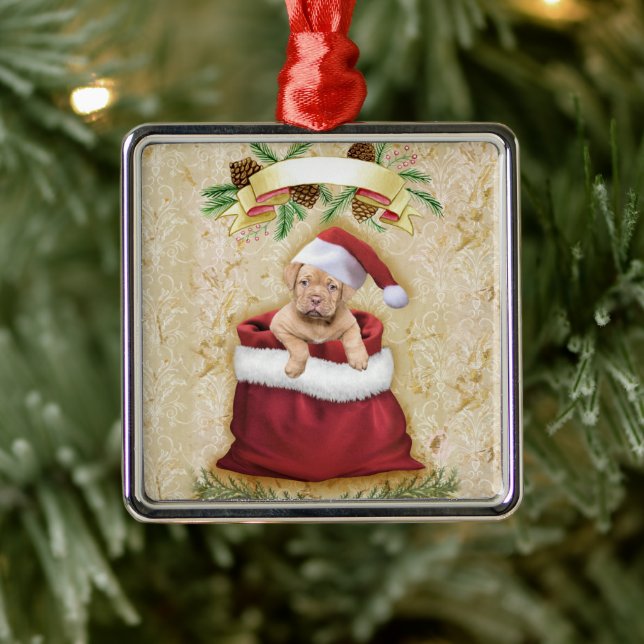 Niedliche Welpe in einer Tasche mit Weihnachtsspie Ornament Aus Metall (Baum)