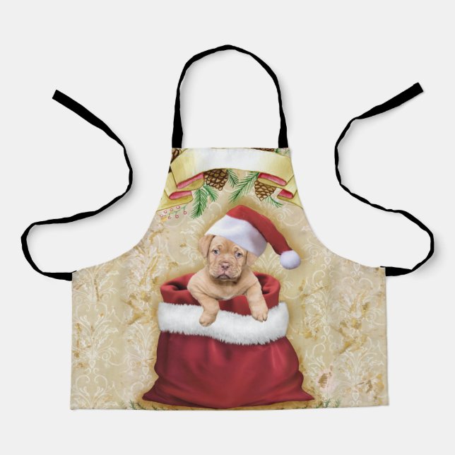 Niedliche Welpe in einer Tasche mit Weihnachtsspie Schürze (Vorderseite)