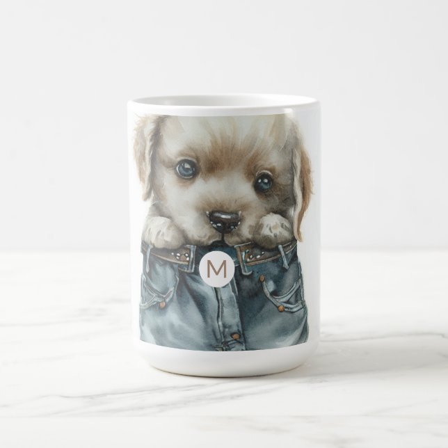Niedliche Welpe in Jeans Art Monogram Kaffeetasse (Mittel)
