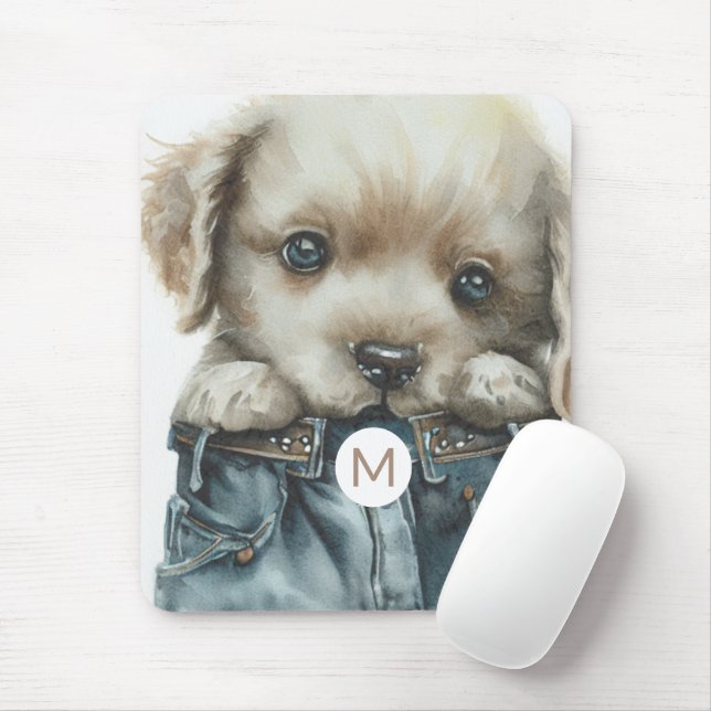Niedliche Welpe in Jeans Art Monogram Mousepad (Mit Mouse)
