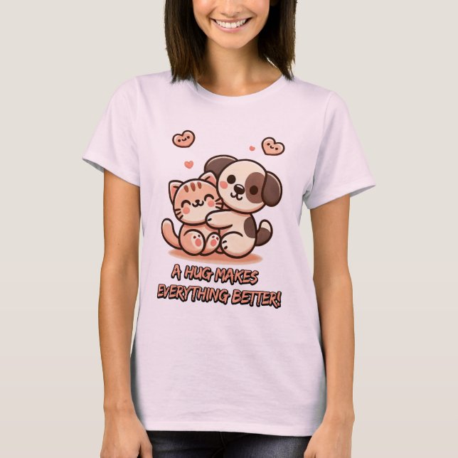 Niedliche Welpe & Kitten Hug - Adorable Kawaii Des T-Shirt (Vorderseite)