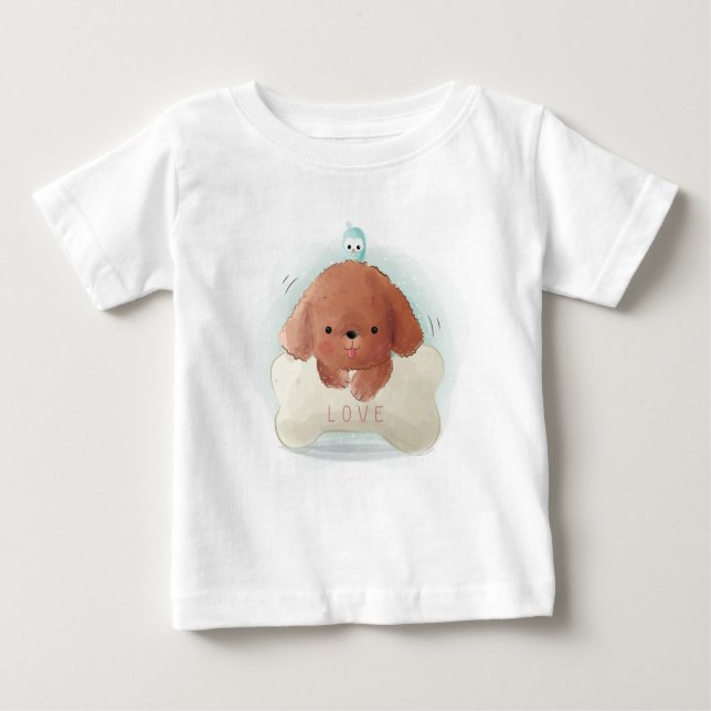 Niedliche Welpe mit Vogel und Knochen Baby T-shirt (Vorderseite)