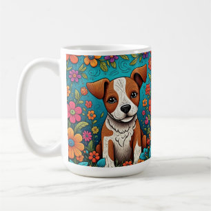 Niedliche Welpe mit Whimsical Folk Art Blume Kaffeetasse