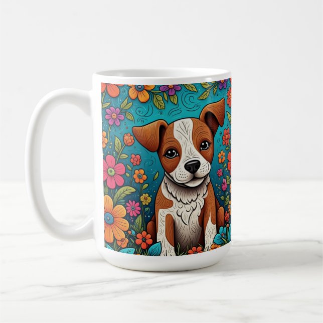 Niedliche Welpe mit Whimsical Folk Art Blume Kaffeetasse (Links)