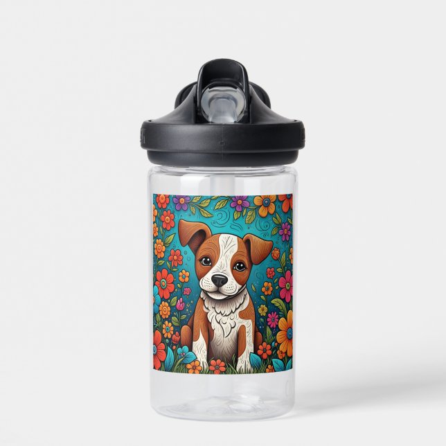 Niedliche Welpe mit Whimsical Folk Art Blume Trinkflasche (Vorne)