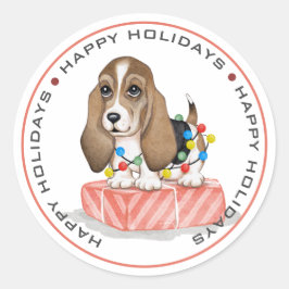 Niedliche Welpe-on-Package mit Weihnachtsbeleuchtu Runder Aufkleber