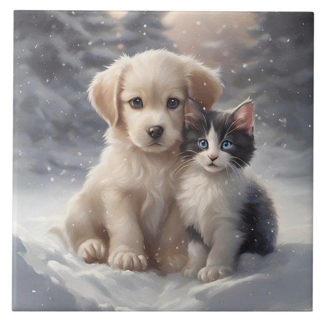 Niedliche Welpe und Kitten in Schnee Portrait-Pose Fliese (Vorderseite)