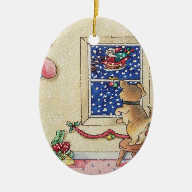 niedliche Welpe und Sankt-Weihnachtenverzierung Keramik Ornament (Vorne)