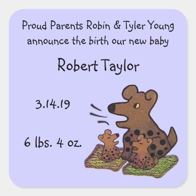 Niedliche Welpen Geburtsankündigung Quadratischer Aufkleber (Vorderseite)