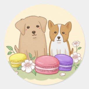 Niedliche Welpen und Macarons Illustration Art Runder Aufkleber