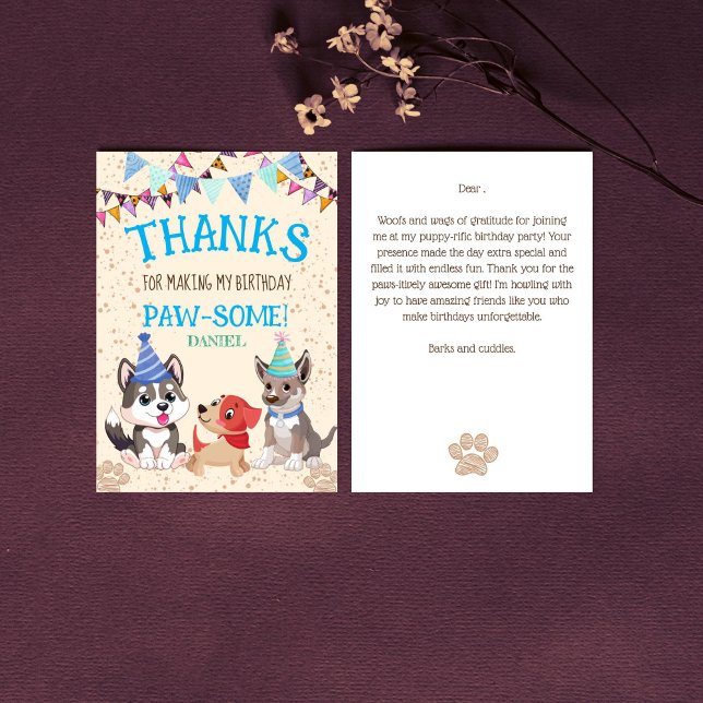 Niedliche Welpen Welpen-Party Dankeskarte (Cute puppies puppy party let's paw-ty thank you card birthday thank you card blue for boys)
