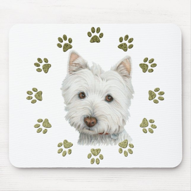 Niedliche Westie Hundekunst und -tatzen Mousepad (Vorne)