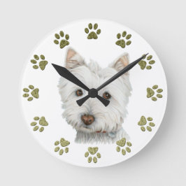 Niedliche Westie Hundekunst und -tatzen Runde Wanduhr