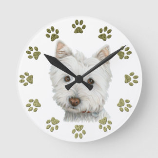 Niedliche Westie Hundekunst und -tatzen Runde Wanduhr