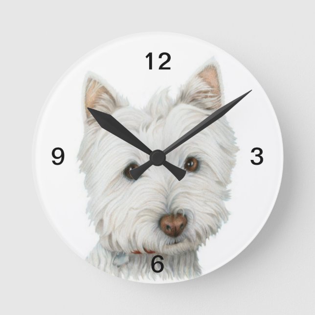 Niedliche Westie Hundeschlittenuhr Runde Wanduhr (Vorderseite)
