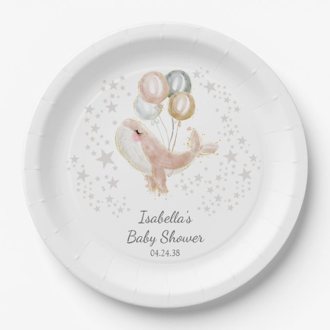Niedliche Whale Baby Dusche in Rosa und Gold Pappteller (Vorderseite)