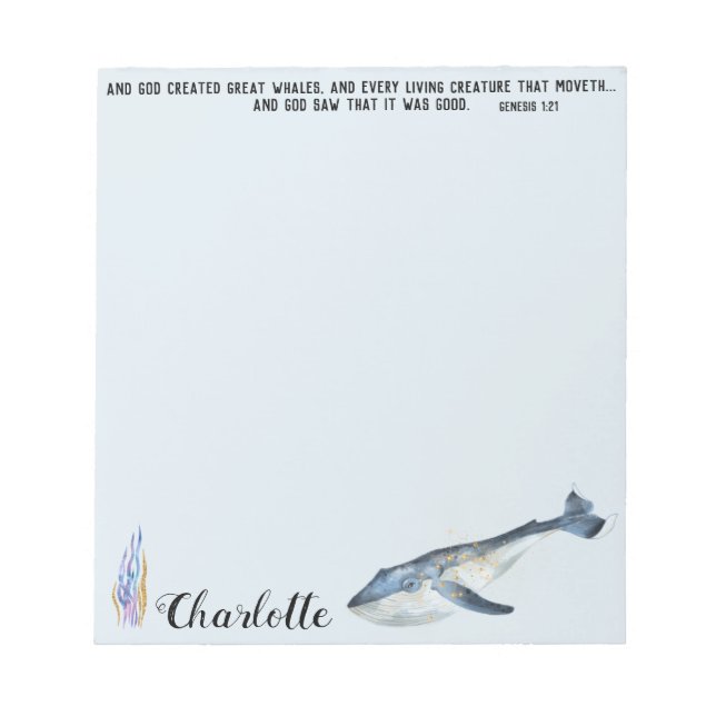 Niedliche Whale Bible Verse Christliches Geschenk  Notizblock (Vorderseite)