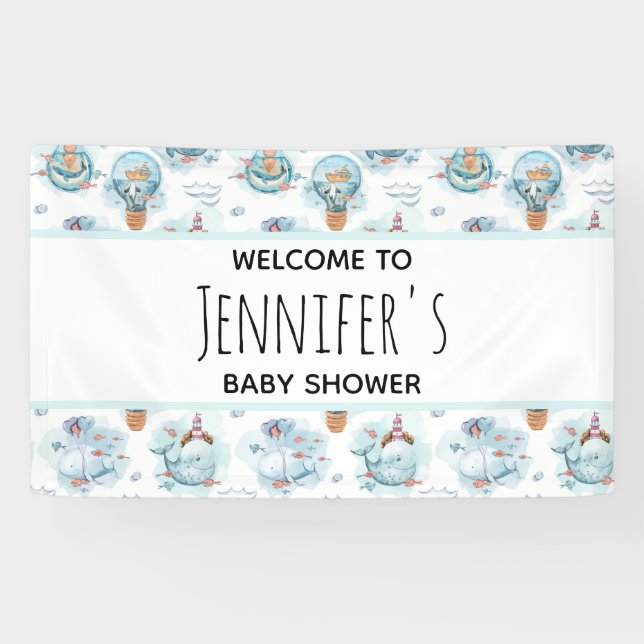 Niedliche Whales Watercolor Babydusche Banner (Horizontal)