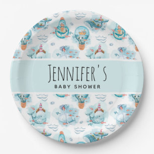 Niedliche Whales Watercolor Babydusche Pappteller