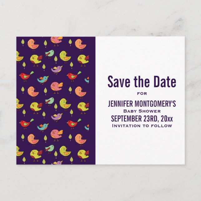 Niedliche Whimsical Birds Muster Babydusche Postkarte (Vorderseite)