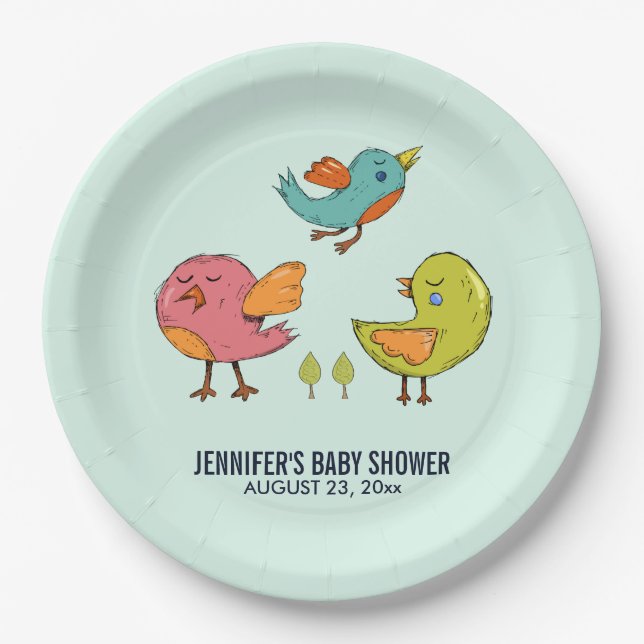 Niedliche Whimsical Birds Trio Babydusche Pappteller (Vorderseite)