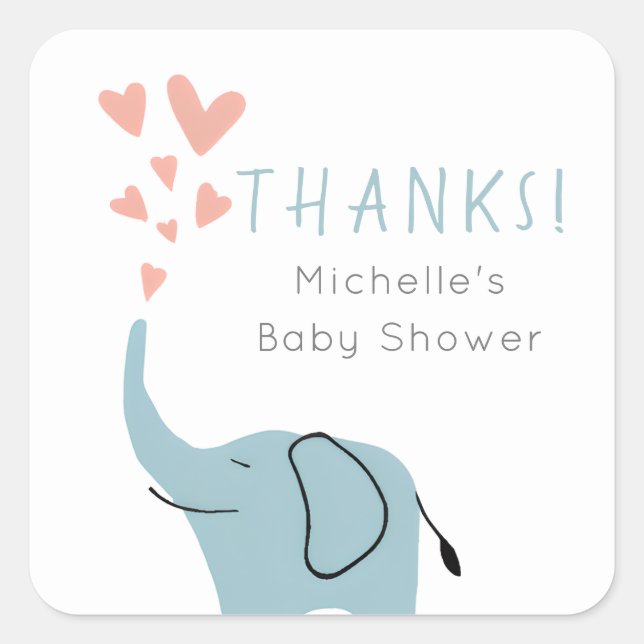 Niedliche Whimsical Blue Elephant Baby Dusche Quadratischer Aufkleber (Vorderseite)