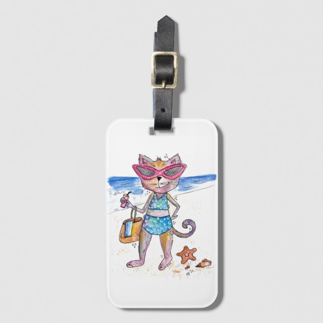 Niedliche Whimsical Cat am Strand Gepäckanhänger (Vorderseite Vertikal)