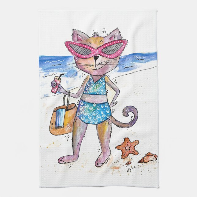 Niedliche Whimsical Cat am Strand Geschirrtuch (Vertikal)