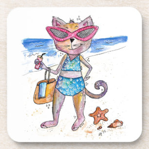 Niedliche Whimsical Cat am Strand Getränkeuntersetzer