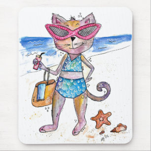 Niedliche Whimsical Cat am Strand Mousepad