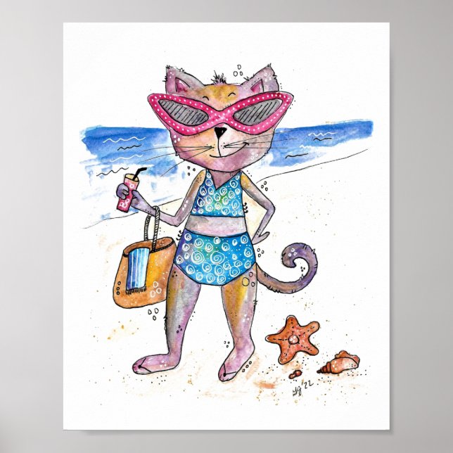 Niedliche Whimsical Cat am Strand Poster (Vorne)