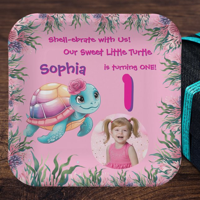 Niedliche Whimsical Floral Sea Turtle Girly Geburt Pappteller (Von Creator hochgeladen)