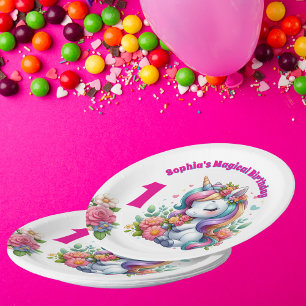 Niedliche Whimsical Floral Unicorn Girly 1. Geburt Pappteller
