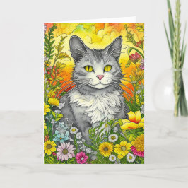 Niedliche Whimsical Folk Art Art Cat and Blume Karte