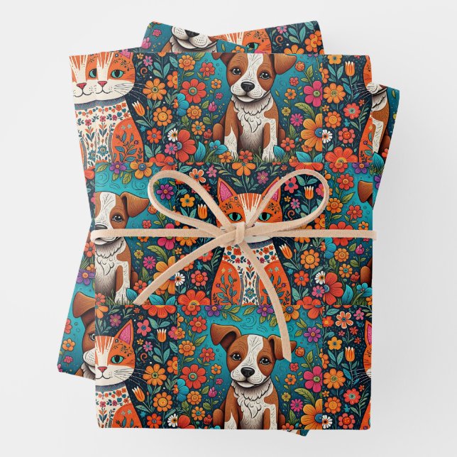Niedliche Whimsical Folk Art Cat and Dog and Blume Geschenkpapier Set (Beispiel)