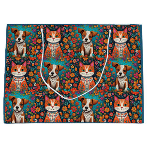 Niedliche Whimsical Folk Art Cat and Dog and Blume Große Geschenktüte