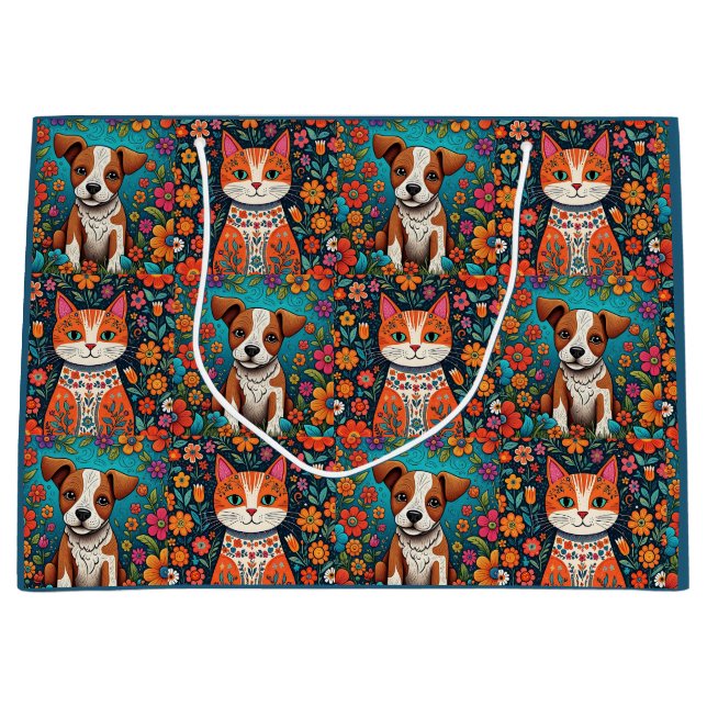 Niedliche Whimsical Folk Art Cat and Dog and Blume Große Geschenktüte (Vorderseite)