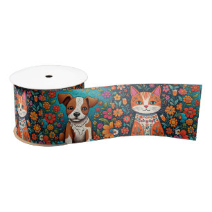 Niedliche Whimsical Folk Art Cat and Dog and Blume Satinband