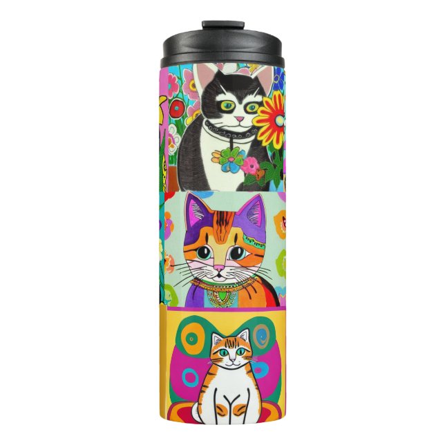 Niedliche Whimsical Folk Cartoon Katzen Thermosbecher (Vorderseite)