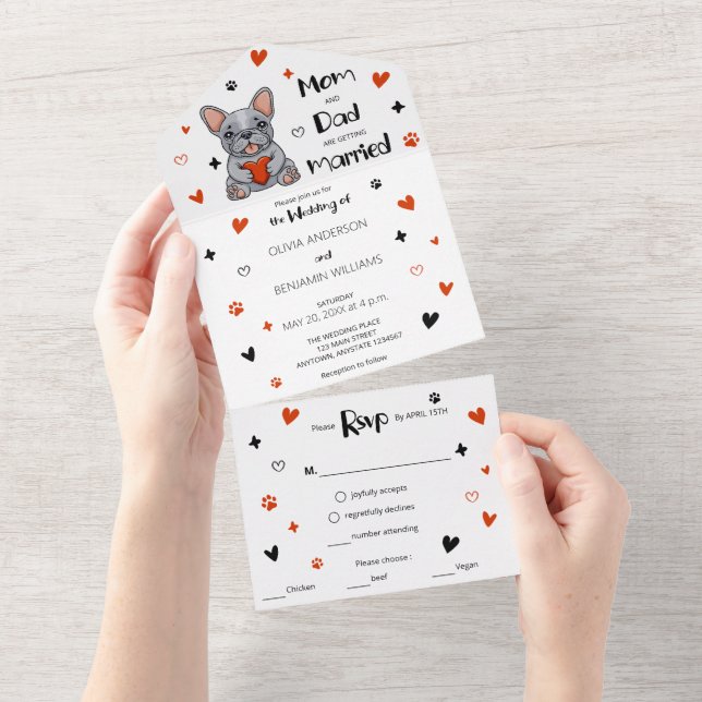 Niedliche Whimsical French Bulldog Wedding All In One Einladung (Abreißen)
