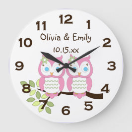 Niedliche Whimsical Girl Pink Owl Twin Wall Clock Große Wanduhr