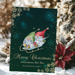 Niedliche Whimsical Gnomes Sleigh Schneeflocken Feiertagskarte