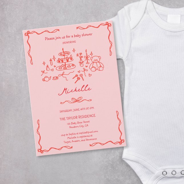 Niedliche Whimsical Hand Drawing Red Pink Baby Dus Einladung (whimsical hand drawn baby shower invitation in red and pink )