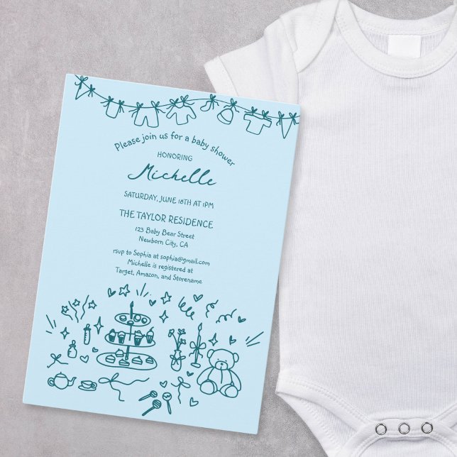 Niedliche Whimsical Hand Drawn Bärenjunge Dusche Einladung (Cute Whimsical Hand Drawn Bear Baby Boy Shower Invitation)