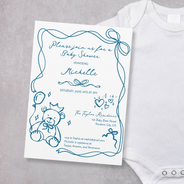 Niedliche Whimsical Hand Drawn Blue Baby Dusche Einladung (hand drawn blue teddy bear with balloon baby shower invitation)