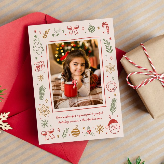 Niedliche Whimsical Hand Gezeichnet Weihnachtssymb Feiertagskarte (cute whimsical Christmas photo card with hand-drawn icons)