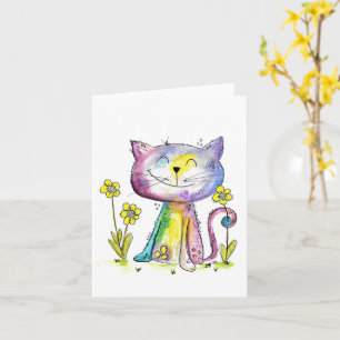 Niedliche Whimsical Happy Cat mit gelben Blumen Karte