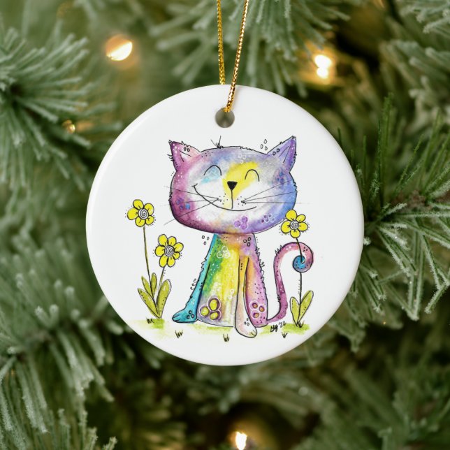 Niedliche Whimsical Happy Cat mit gelben Blumen Keramik Ornament (Baum)