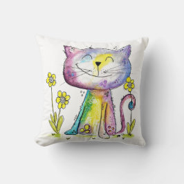 Niedliche Whimsical Happy Cat mit gelben Blumen Kissen