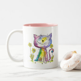 Niedliche Whimsical Happy Cat mit gelben Blumen Zweifarbige Tasse